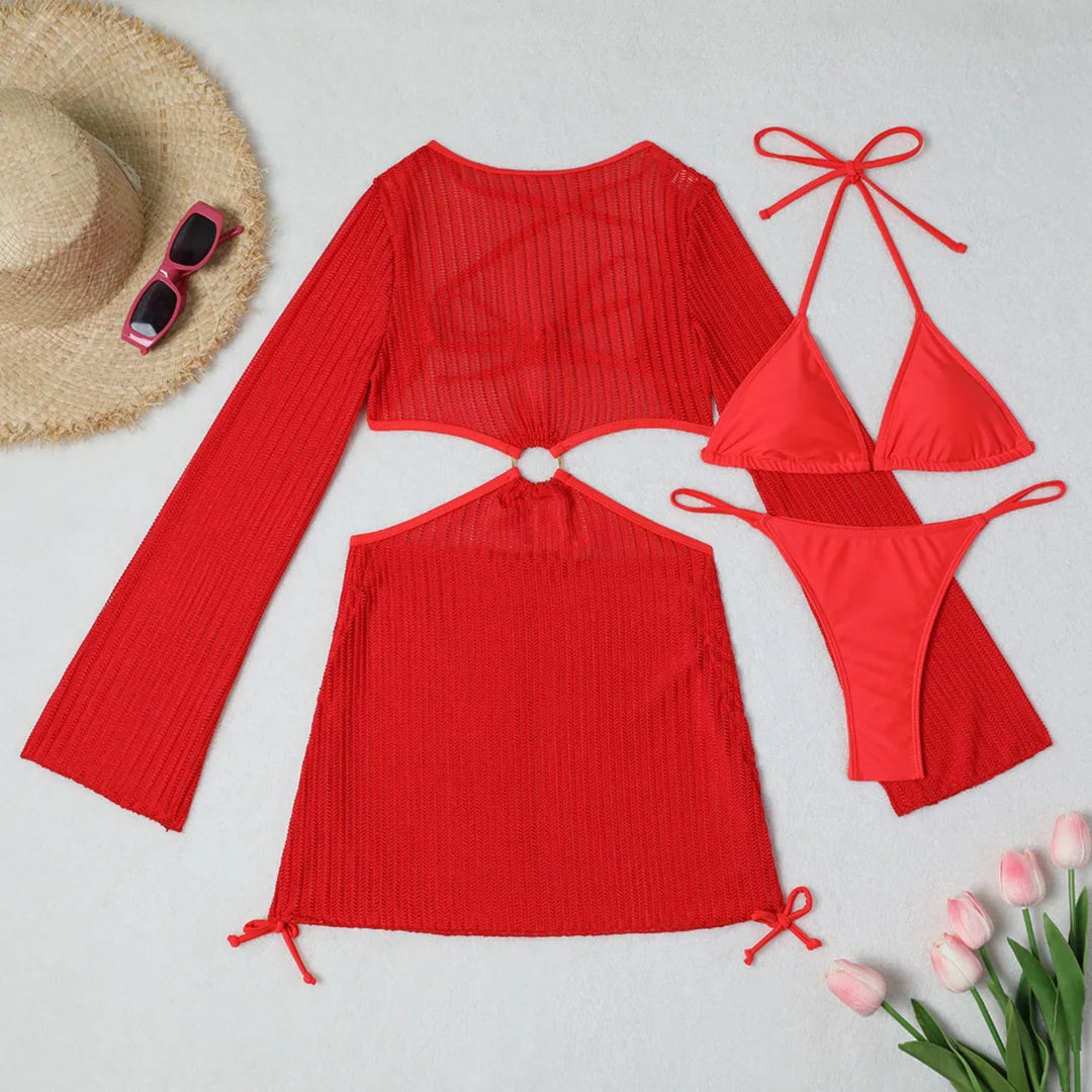 Women's Halter Bikini Set with Long Sleeve Cover-Up | Three-Piece Wire-Free Padded Swimwear