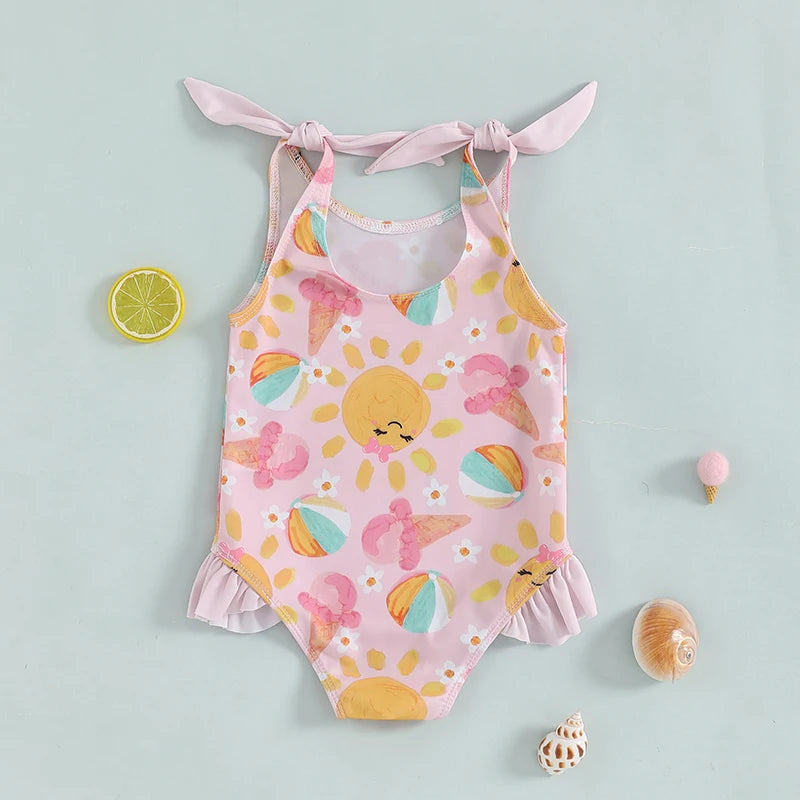 0-5Y Toddler Kids Girls Summer Swimsuits Cartoon Ice Cream Print Tie up Strap Ruffled Swimwear
