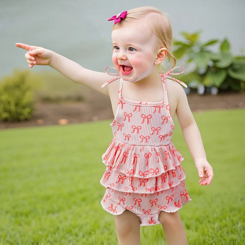 Bow Print Layered Ruffle Spaghetti Strap Baby Romper