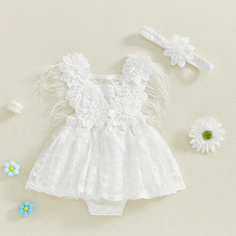 Baby Girls' Floral Embroidery Sleeveless Romper Dress with Headband | 3M–24M