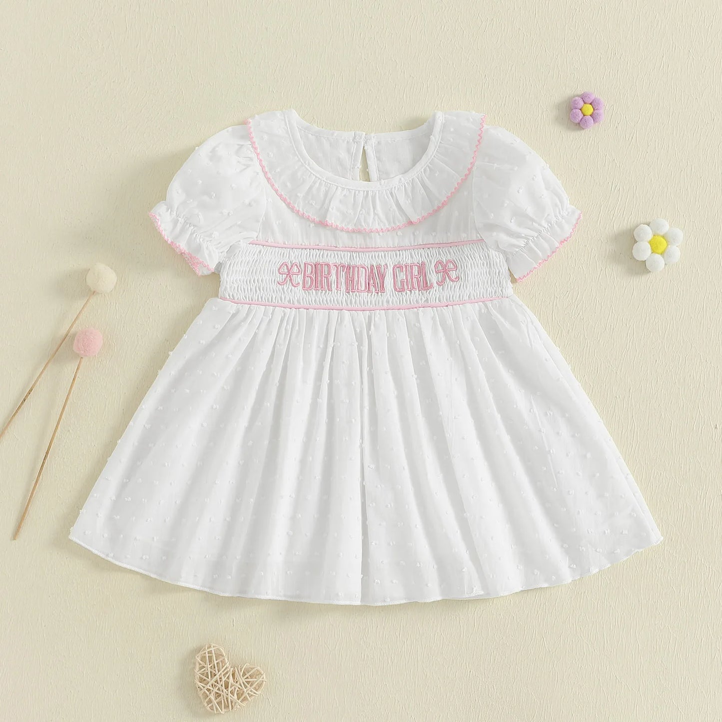 0-4Y  Kids Girls Birthday Dress 2 Style Short Sleeve Cake Embroidery Smocked Dress Summer A-Line Dress
