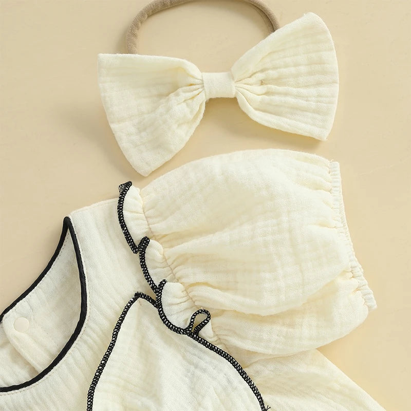 Baby Girls Bow Bubble Romper with Headband - Short Sleeve Ruffled Jumpsuit