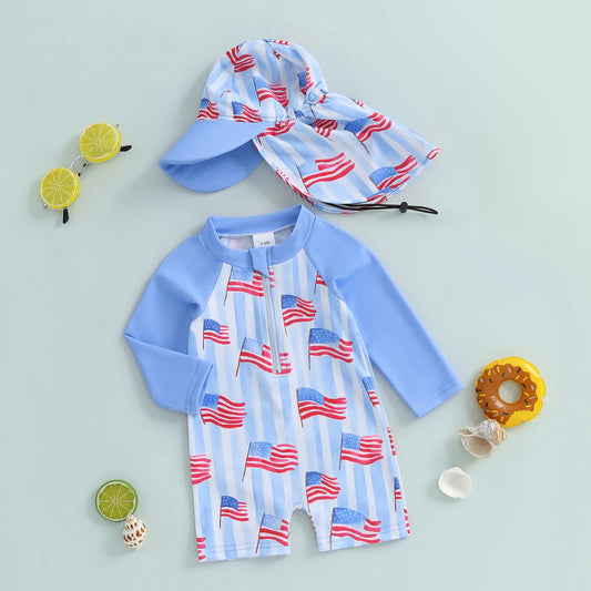 0-5Y Kids Boys Rash Guard Swimsuits Flag Print Long Sleeve Zip Up Bathing Suit with Neck Flap Sun Cap