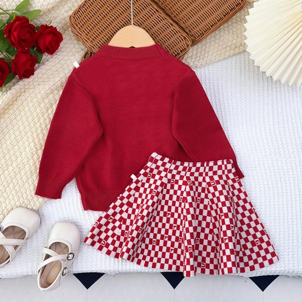 Girl's Heart-shaped Printed Round Neck Red Top and plaid Pleated A-line Skirt Set