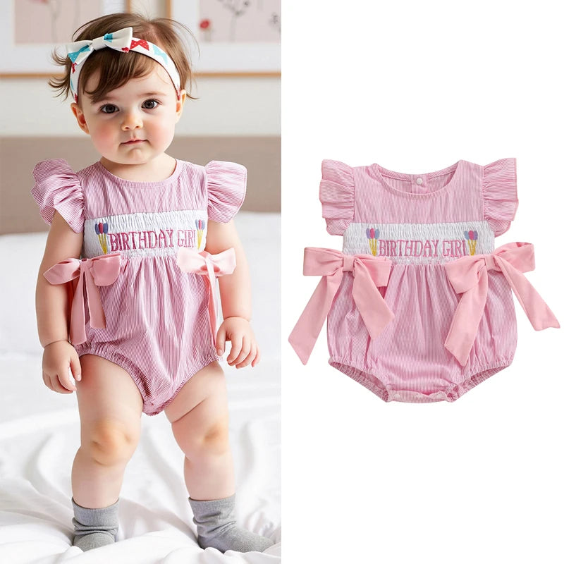 Baby Girls Birthday Romper - Striped Print Letter Embroidery Ruffled Jumpsuit