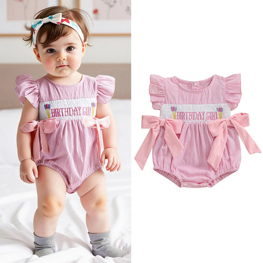Baby Girls Birthday Romper - Striped Print Letter Embroidery Ruffled Jumpsuit