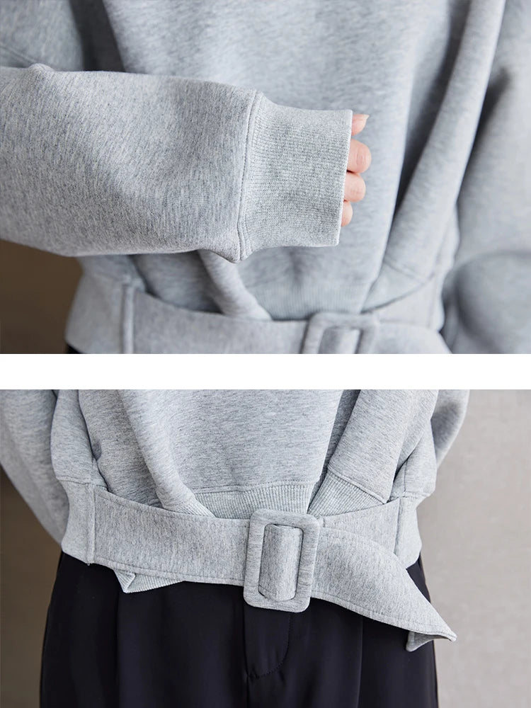 Women Plain Long Sleeve Belt Waist Loose Casual Oversize Pullover Jumper Sweatshirt