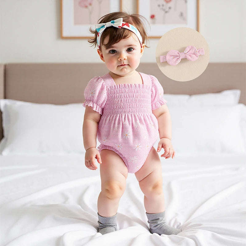 Baby Girls Romper Set with Headband - Plaid Flower Print Short Sleeve Bodysuit 2-Piece