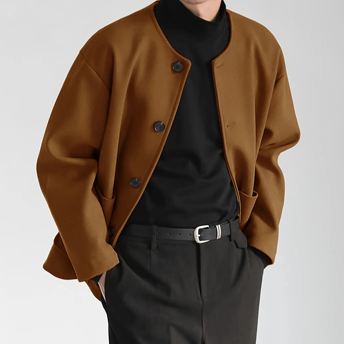 Men's O-Neck Woolen Jacket - Loose Fit Casual Winter Coat