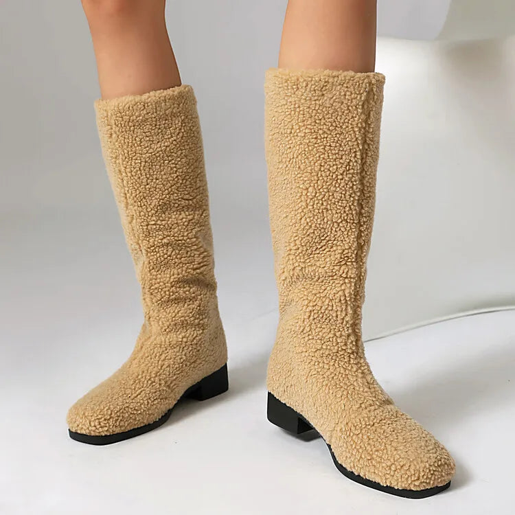 Women's Artificial Wool Winter Knee High Boots with Short Plush Lining