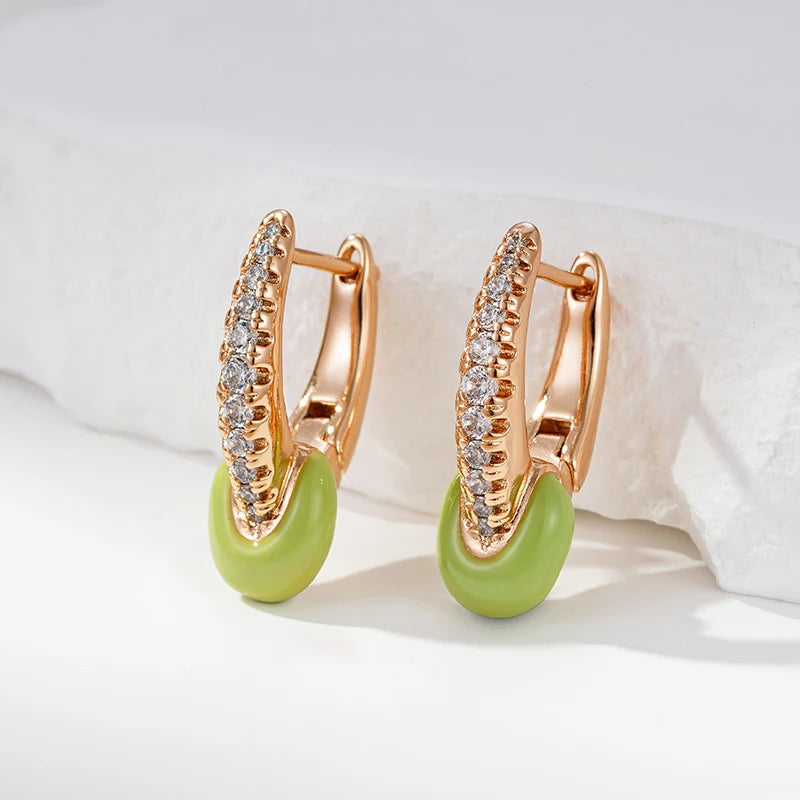 Women's Natural Zircon 585 Rose Gold Colour Green Enamel Drop Earrings