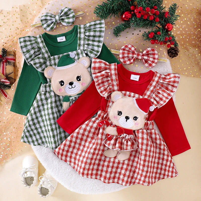 0-18M  Baby Girls Christmas Clothes Sets - Romper Cartoon Doll Embroidery Suspender Skirt Headband