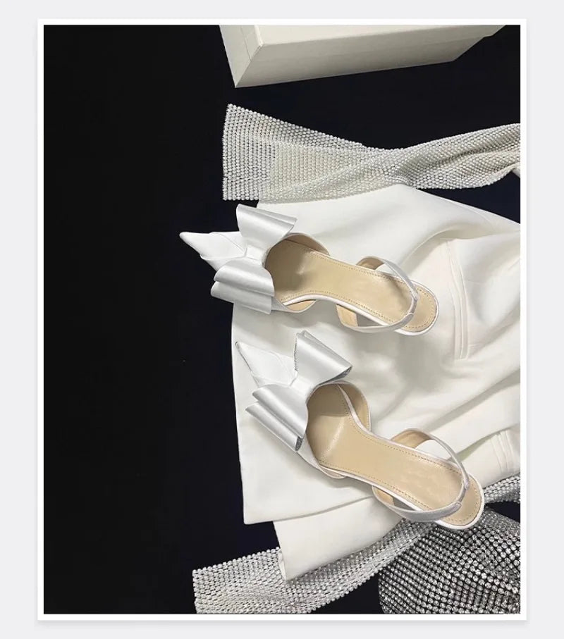 Women's Rhinestone Bowknot Satin Pointed Heel Sandals - Bridesmaid Party Shoes