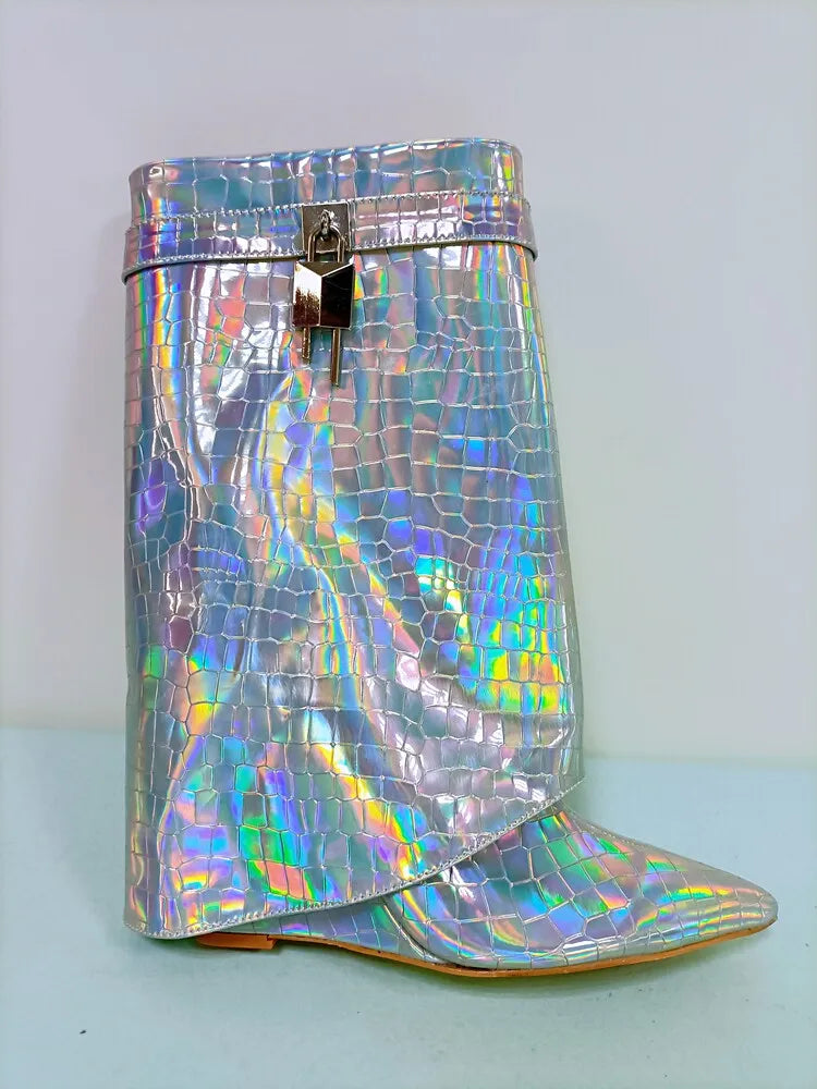 Women's Wedge Leather Mid-Calf Boots - 10cm Heel Metal Buckle Boots