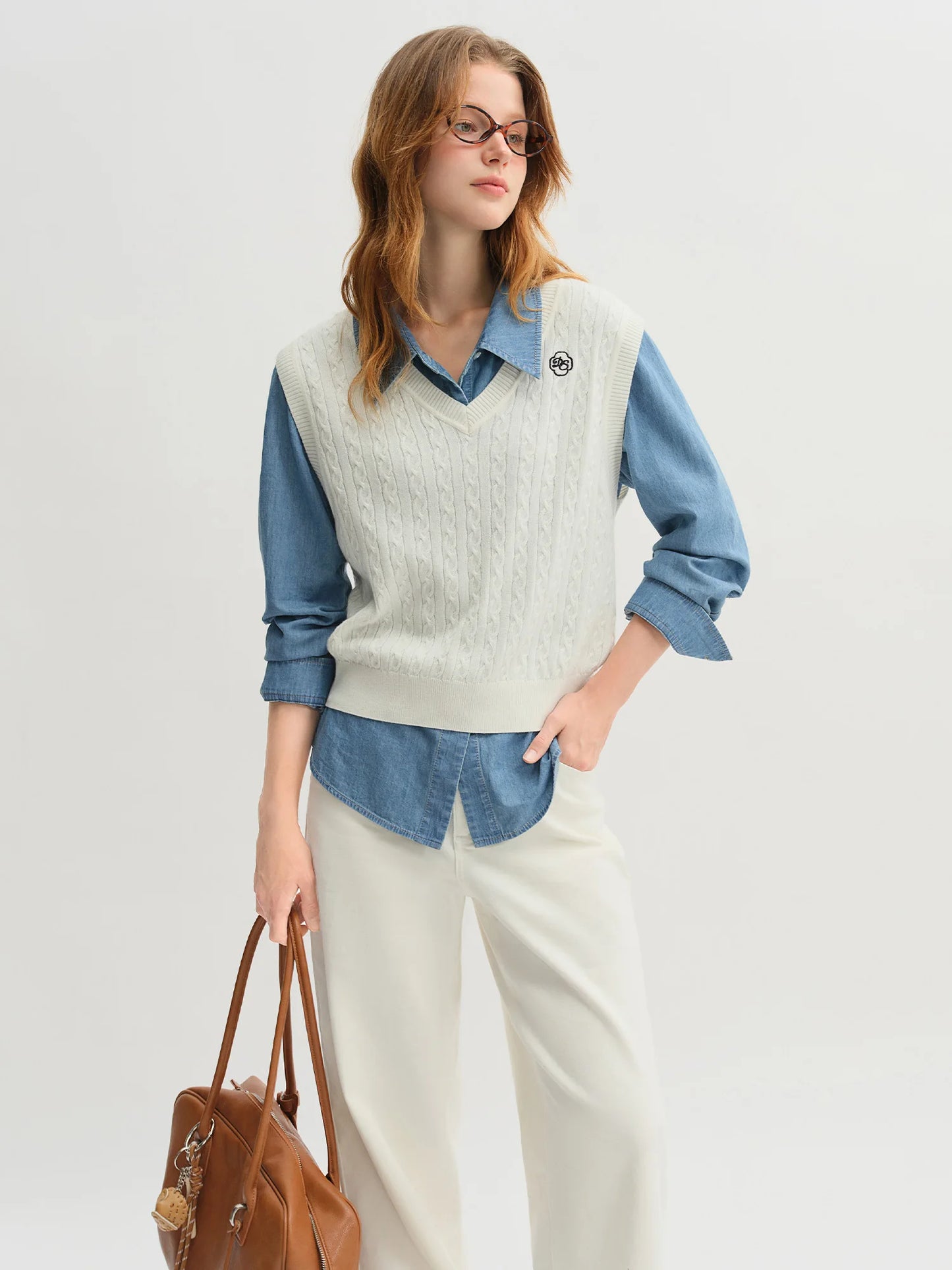 Cable Knit Vest - White V-Neck Sleeveless Pullover