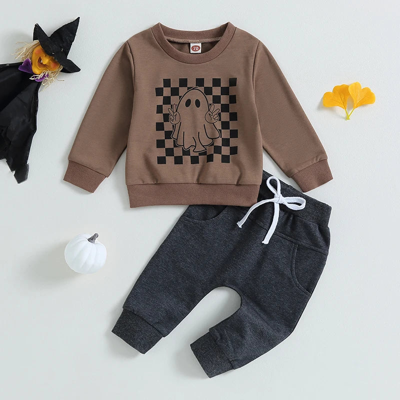 2pcs Kids Boys Autumn Clothes Sets 0-3Y Checkerboard Plaid Ghost Print Long Sleeve Sweatshirts Trousers