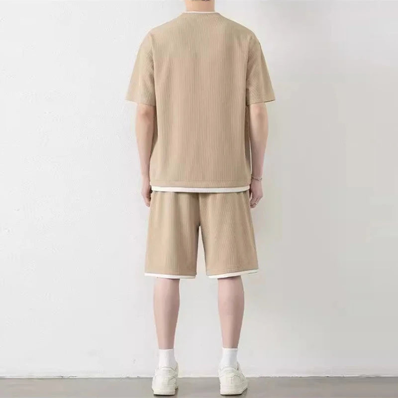 Men's Summer  Sports Sets Short Sleeve Round-Neck T-Shirt Elastic Waist Short Set