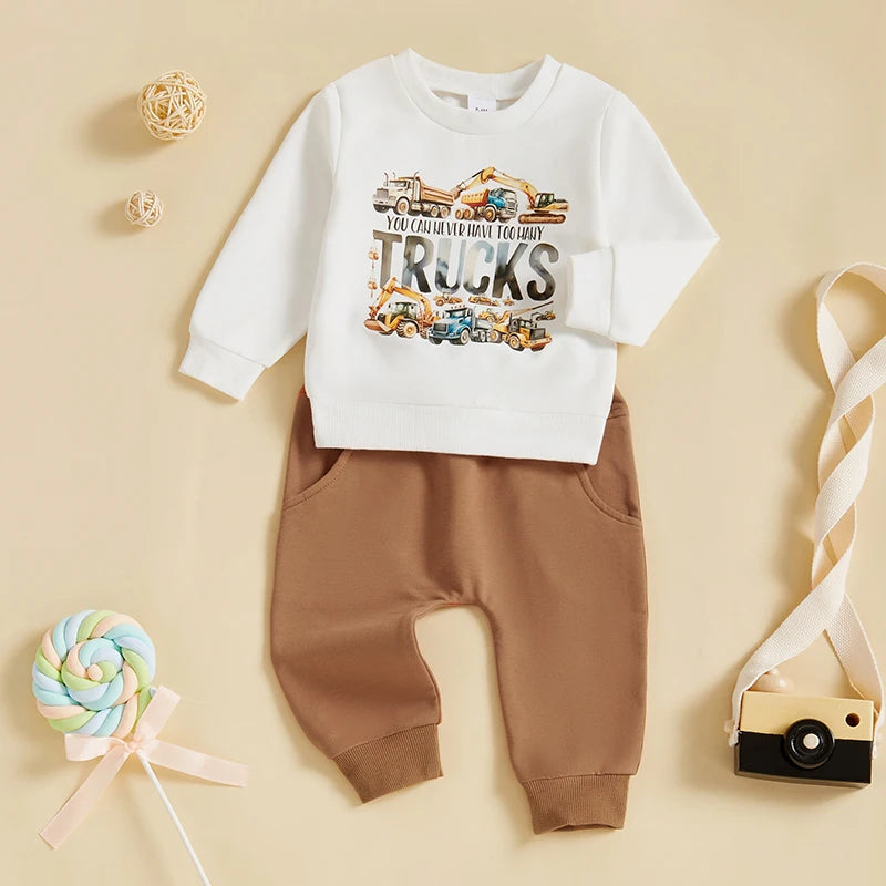 Infant Baby Boy Fall Clothes Sets Cartoon Truck Letter Print Long Sleeve Sweatshirt Long Pants 2 Pcs Set