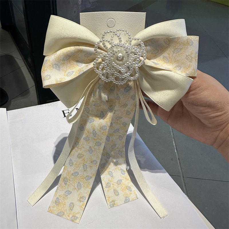 Handmade Fabric Bow Brooch with Pearl Flower Detail