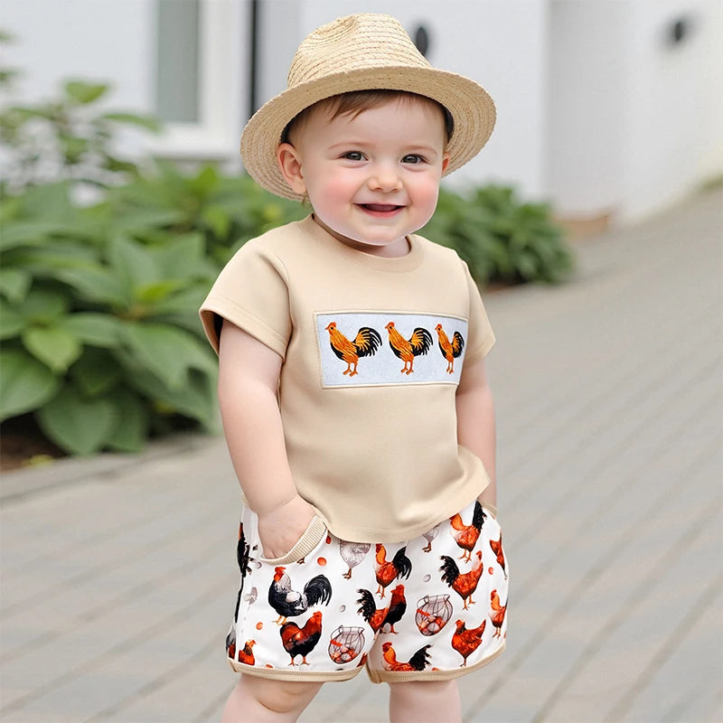 0-4Y Toddler Kids Boys Clothes Sets Rooster Embroidery Short Sleeve T-shirts Elastic Waist Shorts 2PCS