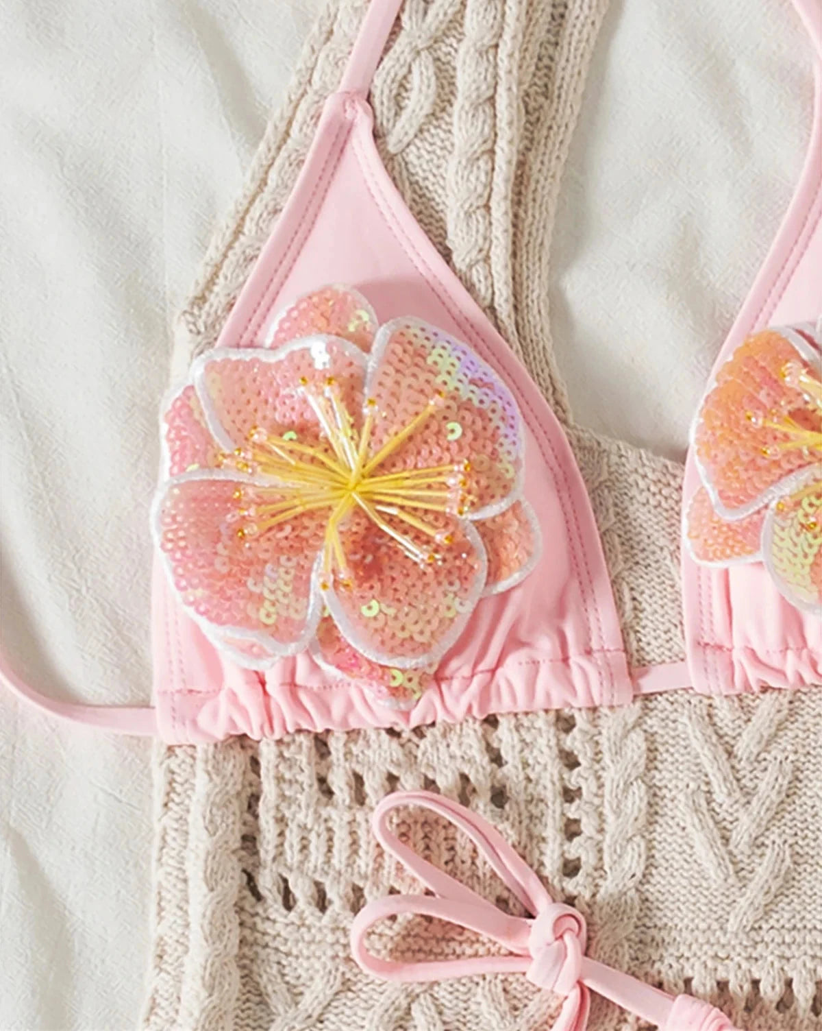 3D Flowers Halter High Leg Bikini Set