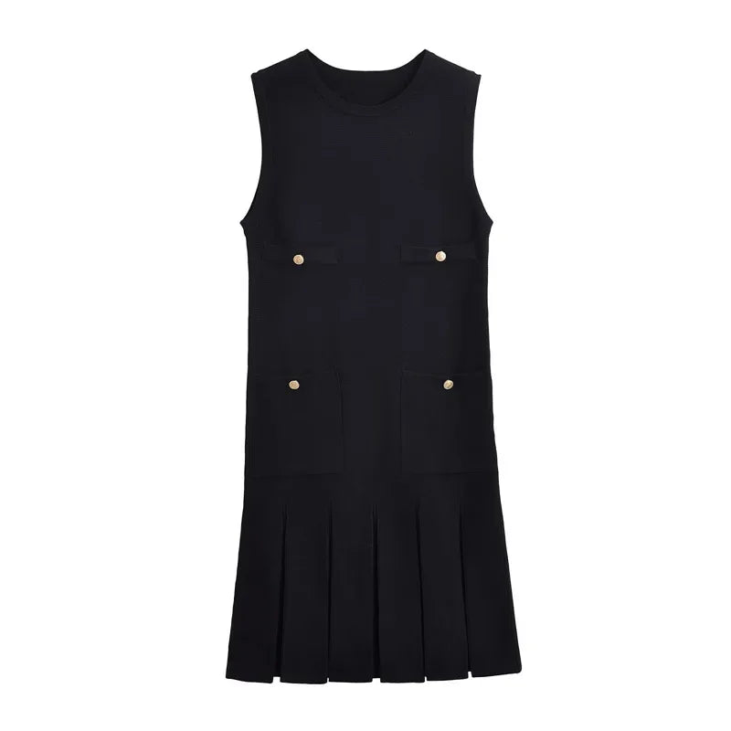 Women's Folds Knitted Mini Elegant Sleeveless With Pocket Vest Dress High Waisted  Clubs Party Summer