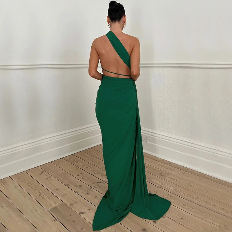 Women's Cut Out Backless Maxi Dress - Sleeveless Halter Asymmetrical Slit Dress