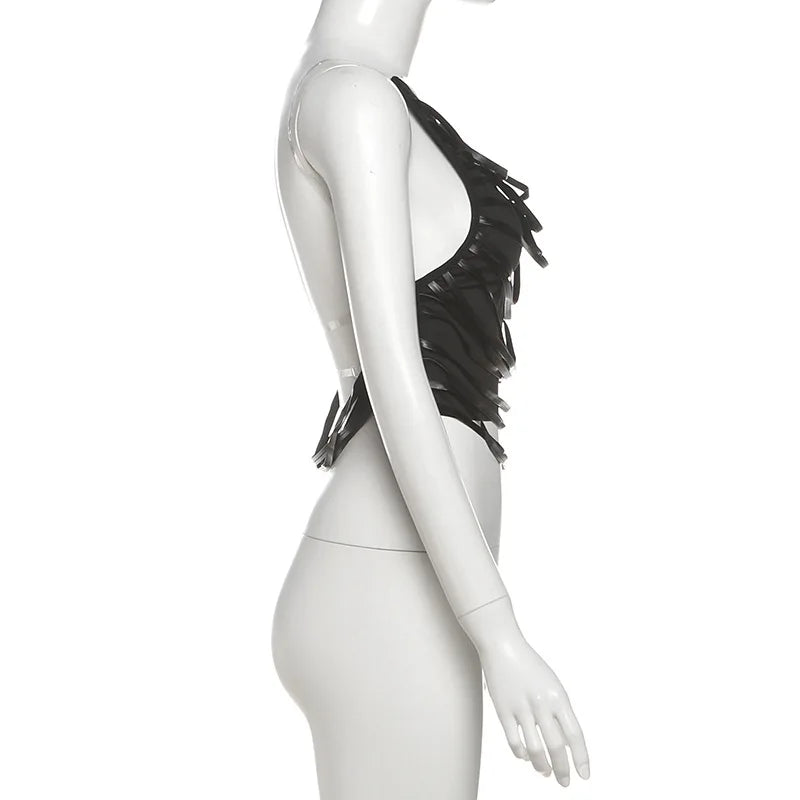 Fringe Backless Crop Top - Y2K Gothic Festival Vest