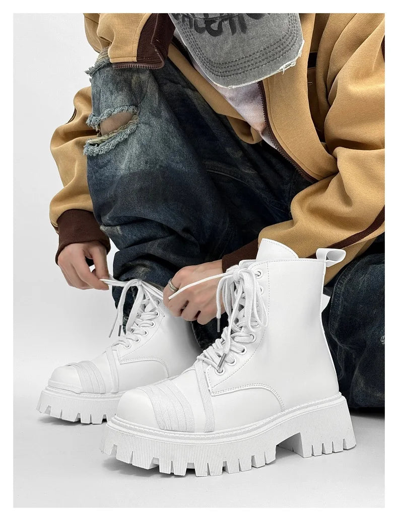 Men's Leather Platform Motorcycle Boots - Retro Street Ankle Sneakers