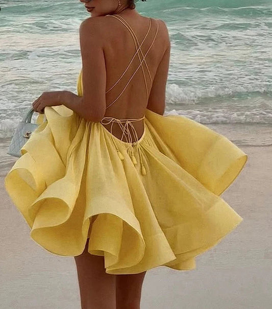 Women's A-Line Backless Mini Dress - V-Neck Bandage Summer Beachwear
