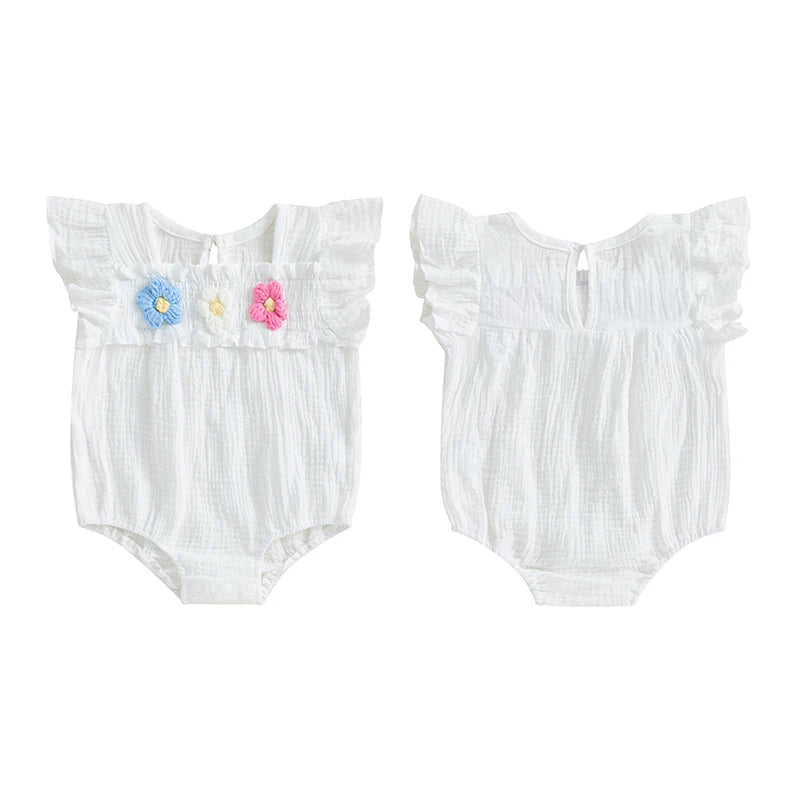 Newborn Baby Girls Flower Embroidery Romper - Smocked Flying Sleeve Jumpsuit (0-12M)