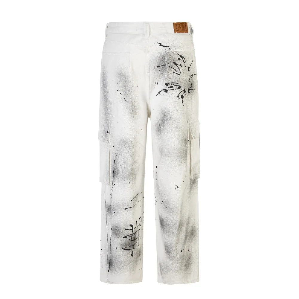 Men's Inkjet Graffiti Dirty Multi-Pocket Distressed Jeans