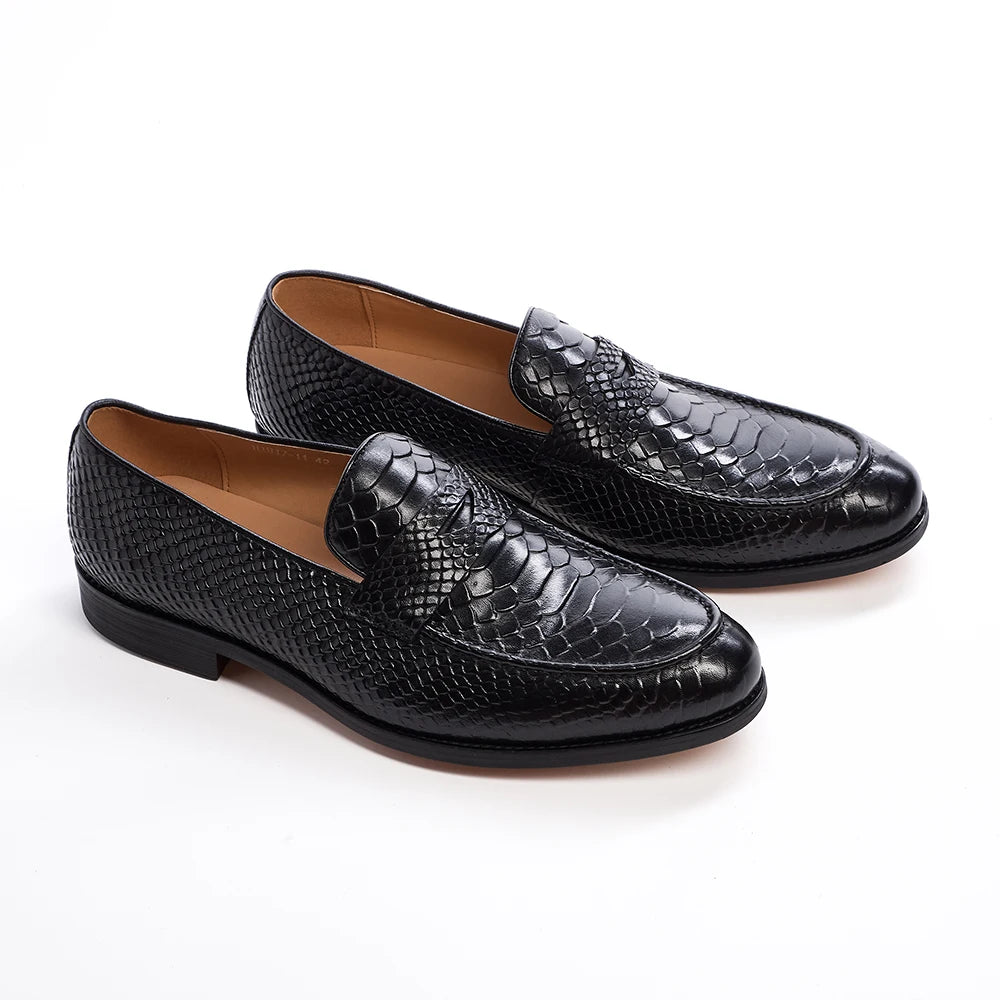 Men's Genuine Leather Snake Pattern Loafers – Pointed Slip-On Dress Shoes