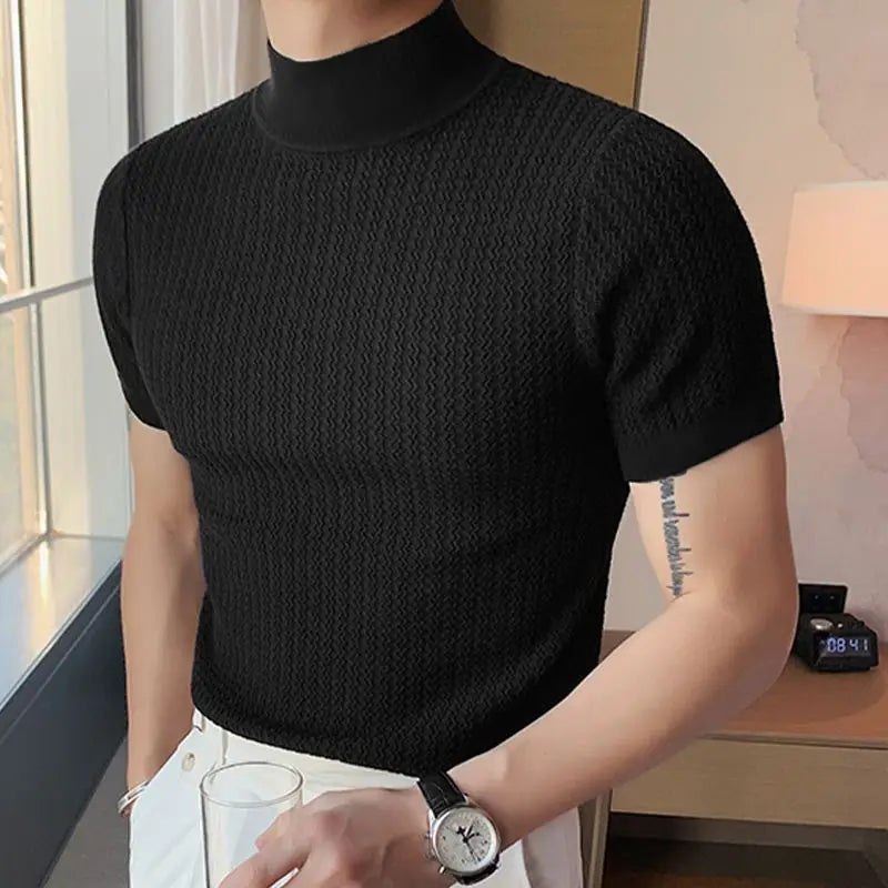 Men Solid Colour Turtleneck  Short Sleeve  T Shirt