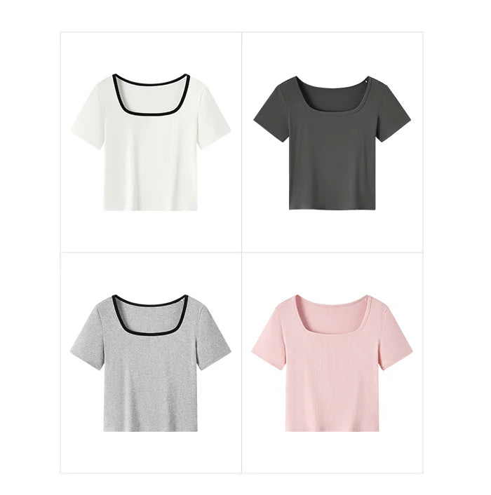 Women's Square Neck Short-Sleeved Slim Fit Top - Versatile Layering Piece