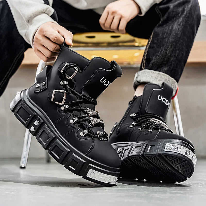 Men's High-Top Platform Sneakers - Metal Detail Skateboard Boots