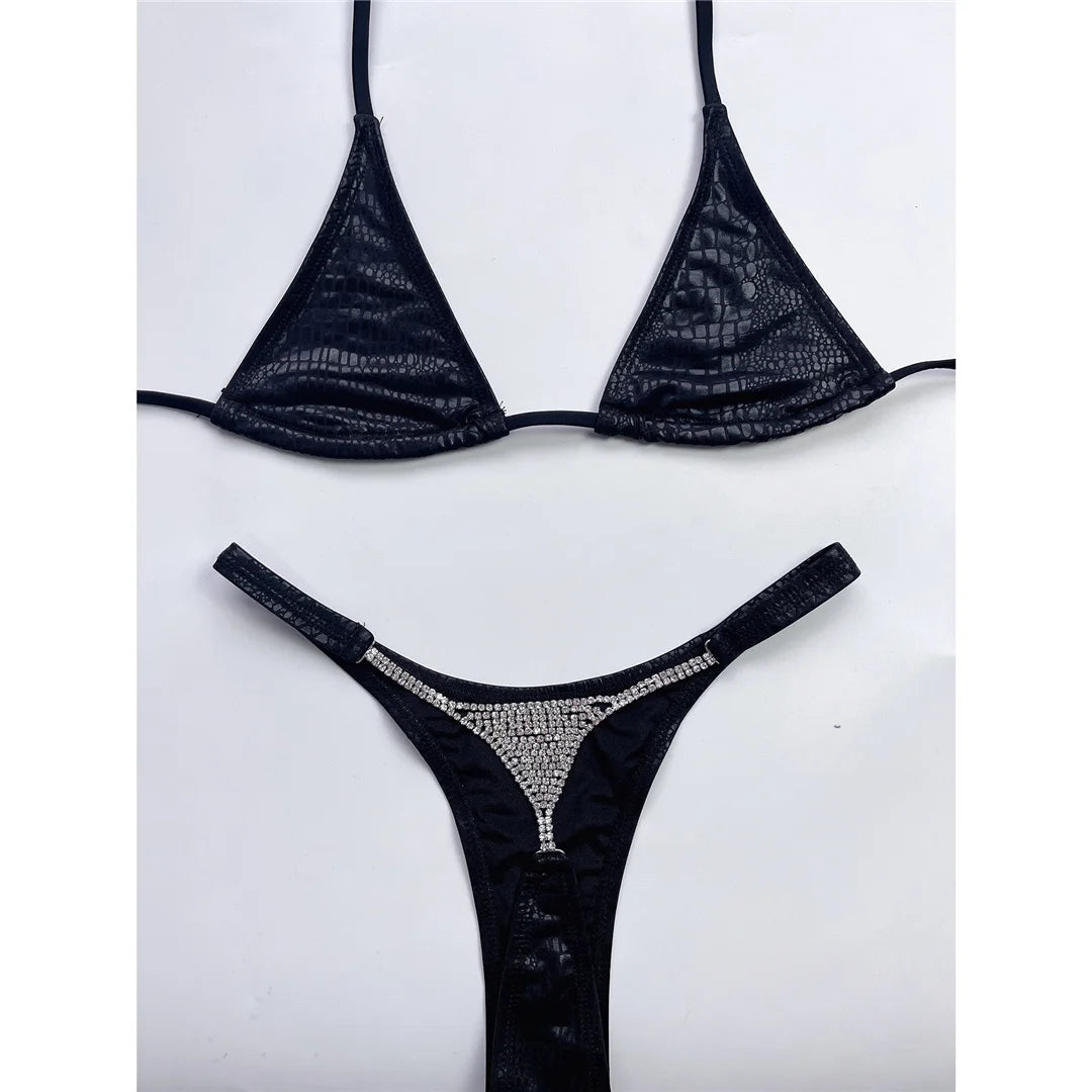 Women's Diamond Rhinestones Mini Thong Halter Bikini Swimsuit Swimwear Two-pieces Bikini Set