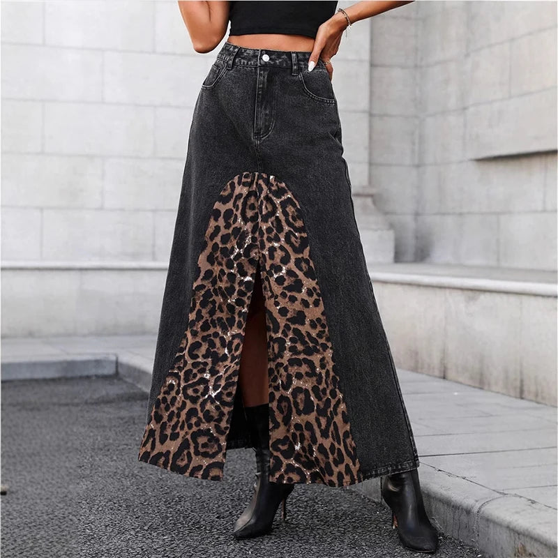 Women's Leopard Splice Denim Versatile Midi High Waist Slit Print Skirt