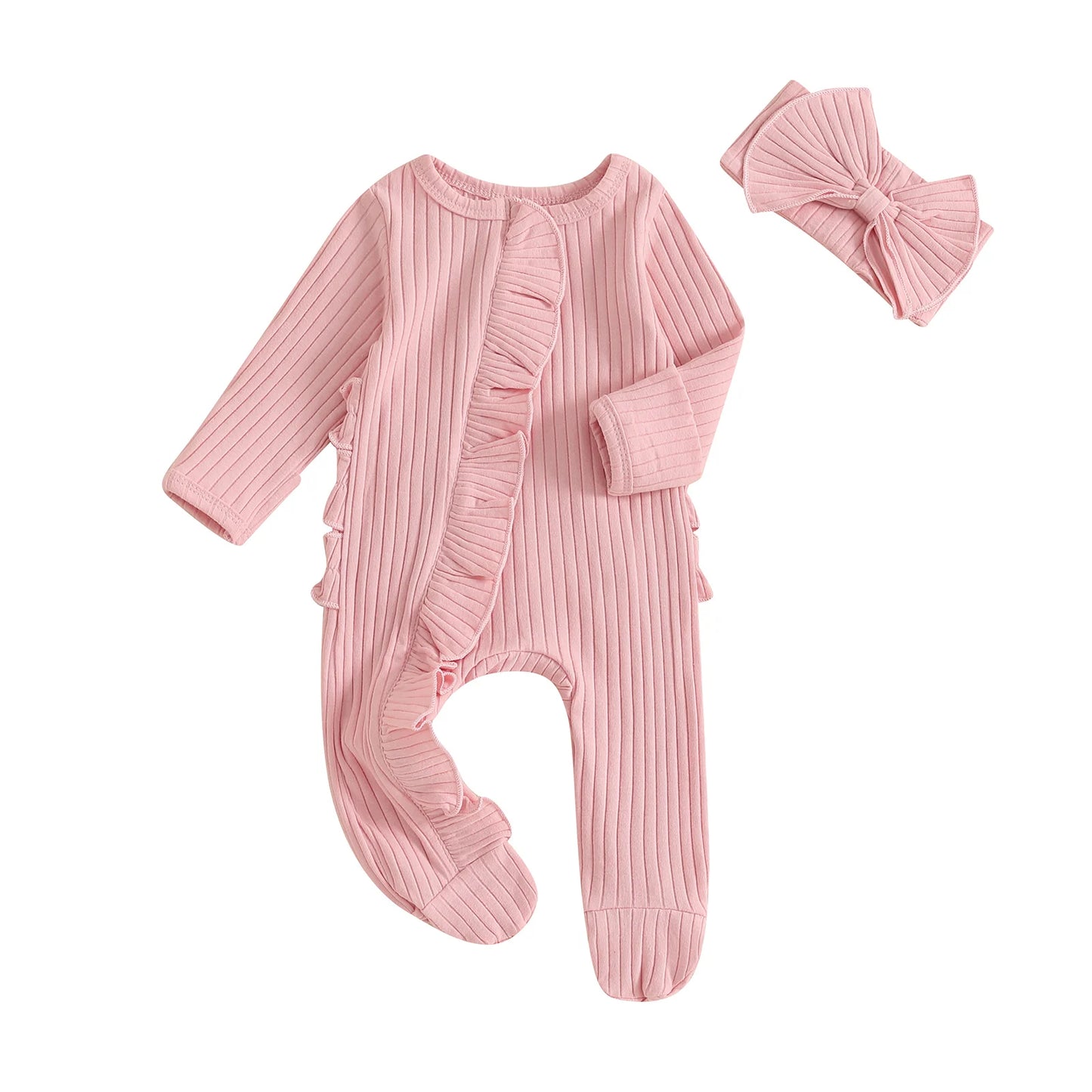 Newborn Baby Romper Set - Solid Ribbed Ruffle Trim Zipper Footed Jumpsuit & Bow Headband