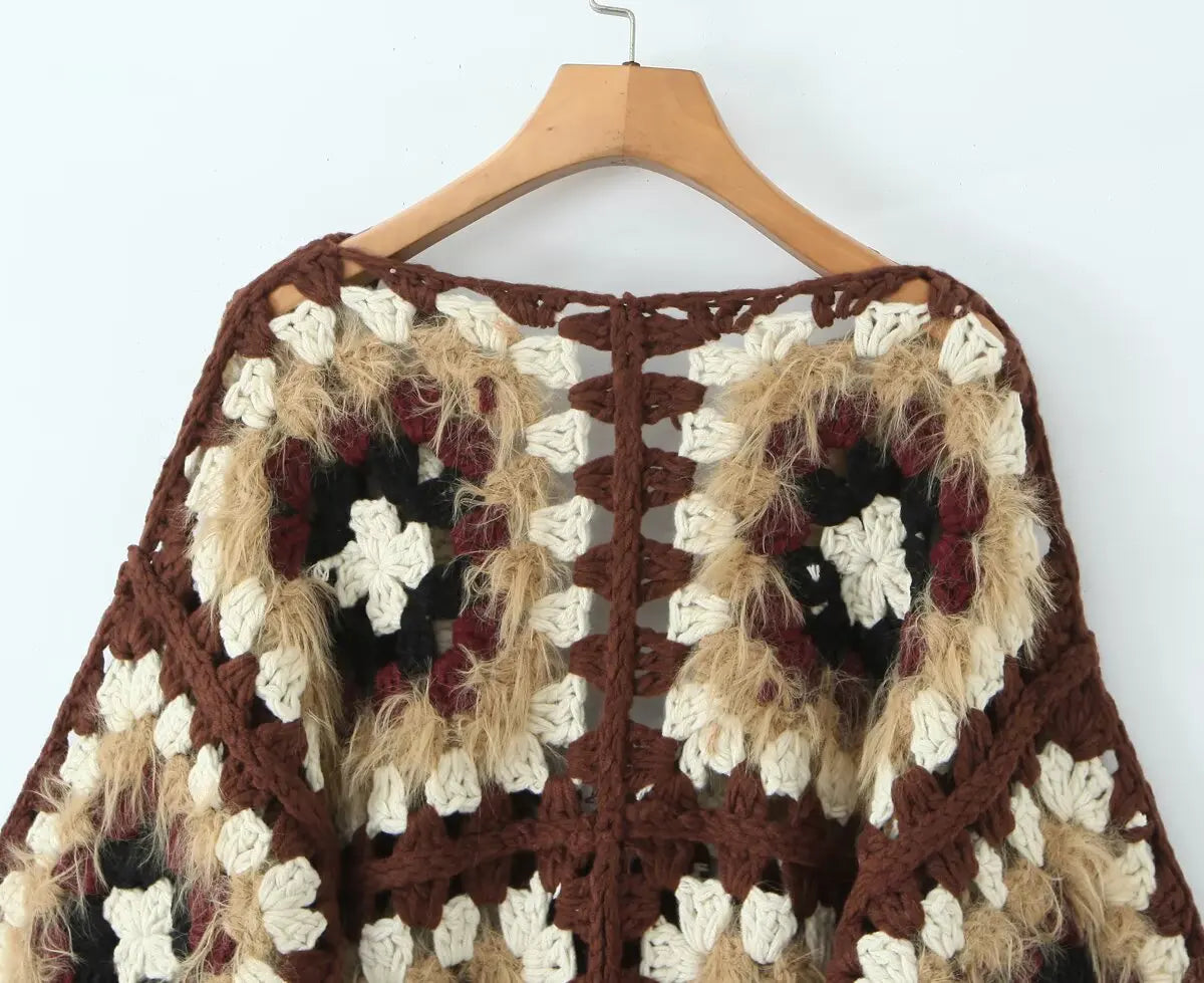 Boho Plaid Handmade Crochet Cardigan - Long Sleeve Lace Up Autumn Sweater