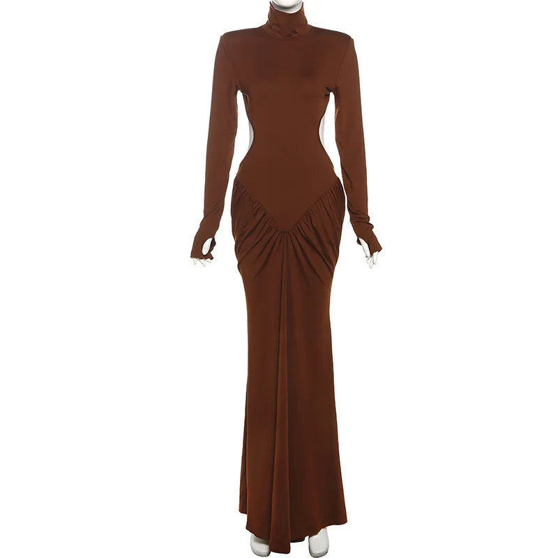 Women's Ruched Long Sleeve Maxi Dress - Elegant Backless Evening Gown
