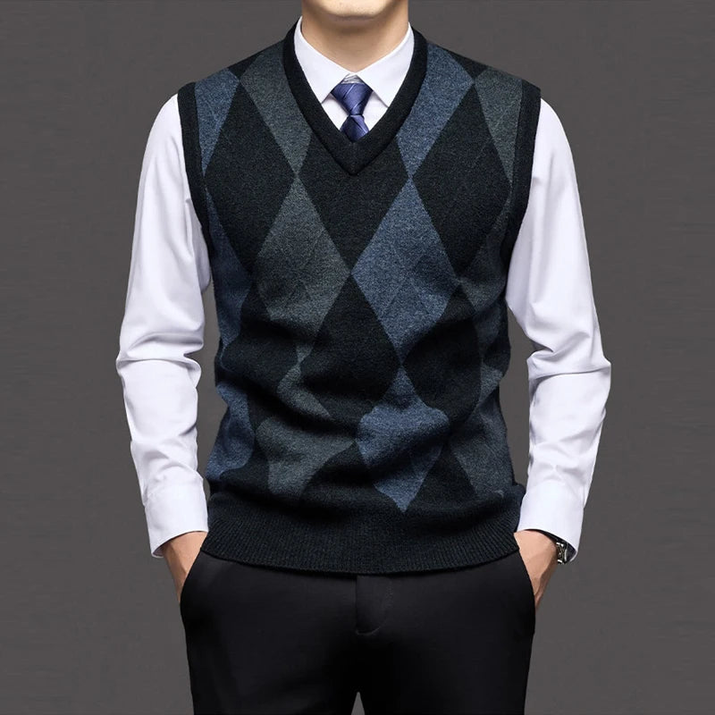 Autumn Winter Argyle V-Neck Knit Vest - Smart Casual Sleeveless Pullover