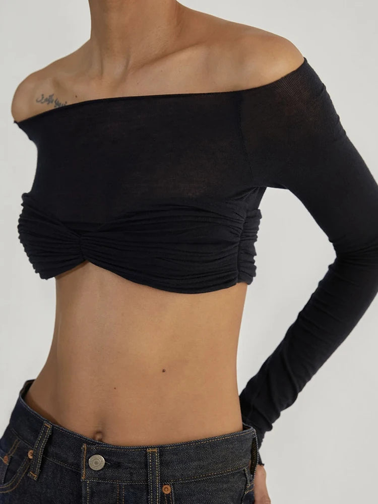 Women's Elegant Ruched Cropped Top - Long Sleeve Off Shoulder Backless Sheer Knit Short Top