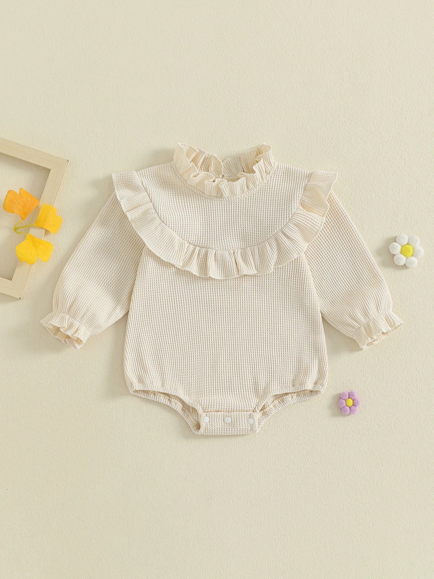 Newborn Baby Girls Waffle Romper - Long Sleeve Mock Neck Ruffled Jumpsuit