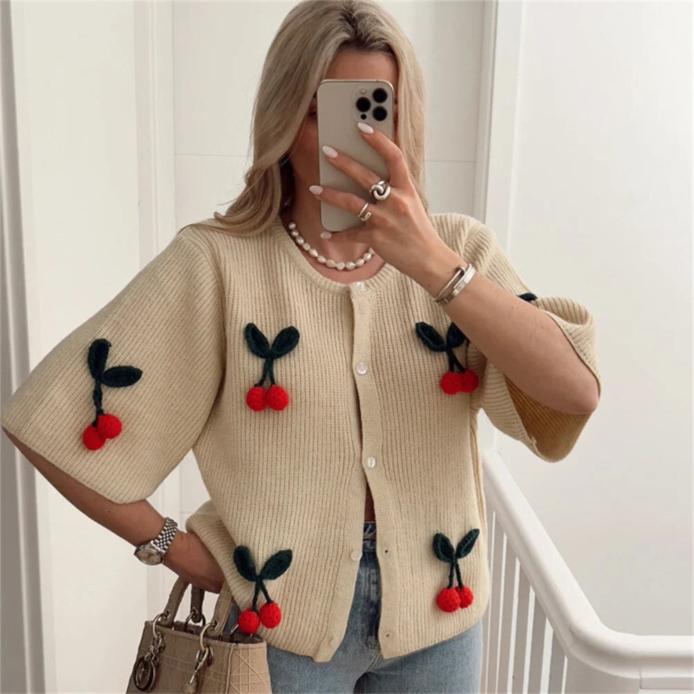 Summer Women's Casual Knitted Cardigan Cherry Short Sleeve Sweater