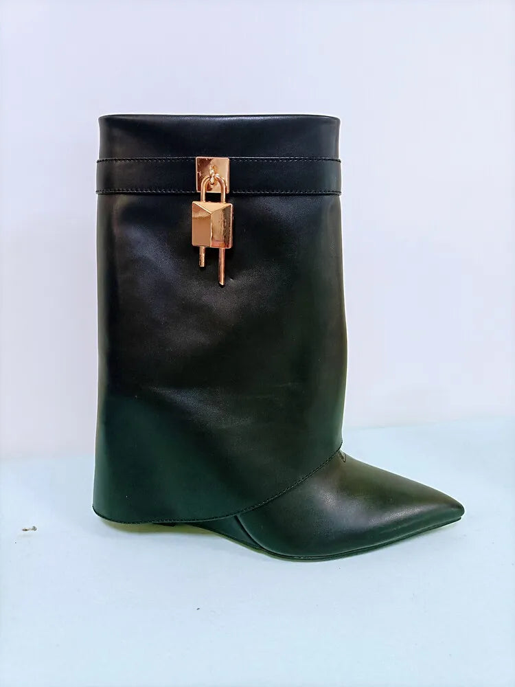 Women's Wedge Leather Mid-Calf Boots - 10cm Heel Metal Buckle Boots