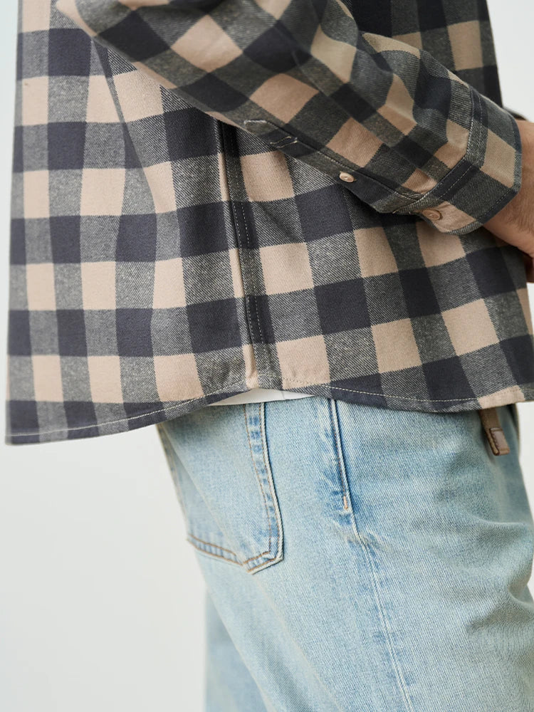 Men's Loose Plaid 8oz Washed Vintage Fabric Casual Check Shirt