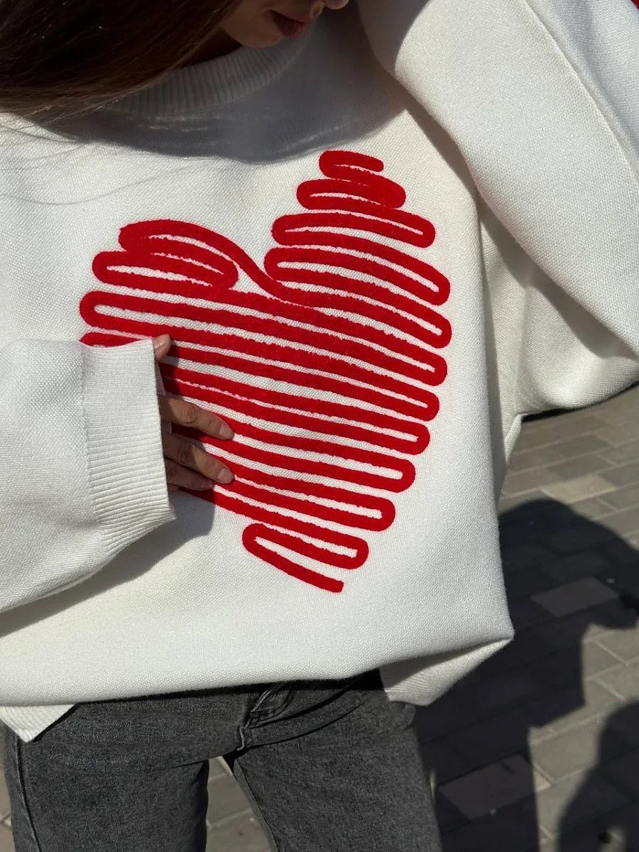 Women's Heart Knitted Loose Pullovers Long Sleeve Sweater