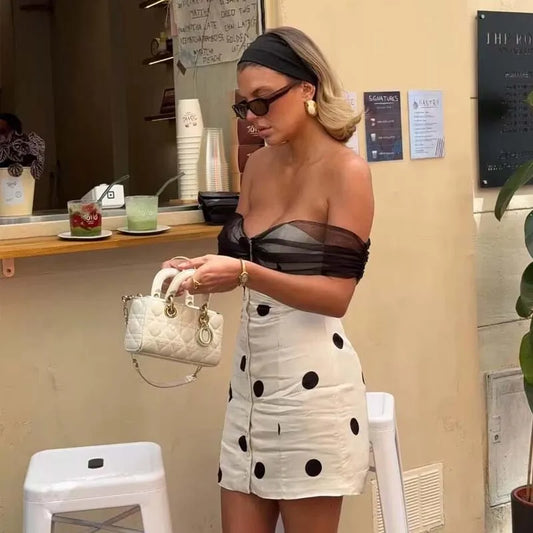 Off Shoulder Polka Dot Strapless Dress - Front Button Bodycon Mini Dress
