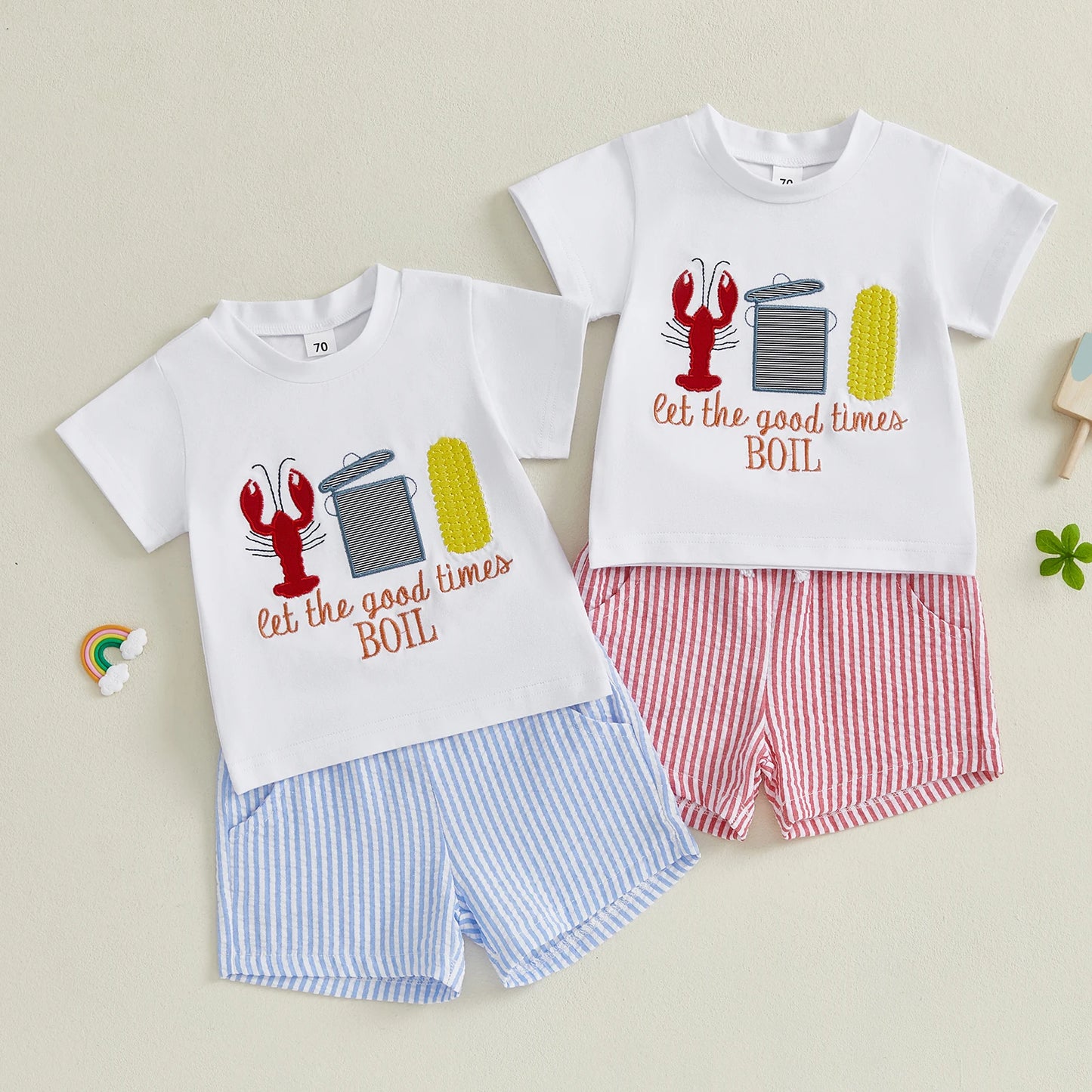 0-7Y Casual Kids Boys Summer Clothes Sets 2pcs Short Sleeve O Neck Lobster Letter Print T Shirts and Striped Shorts